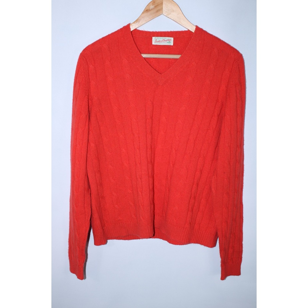 Scott & Charters Women's Large Orange Cotton Cashmere Blend V-Neck Sweater